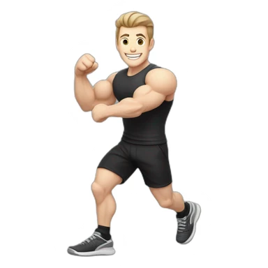 Joyful Celebrating victory Pale skinned Fit Man With the biceps and dark brown hair in black shirt, gray sports shorts and white Sneakers sticker