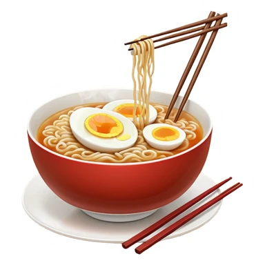 ["Bowl of ramen with soft-boiled egg and chopsticks."] sticker