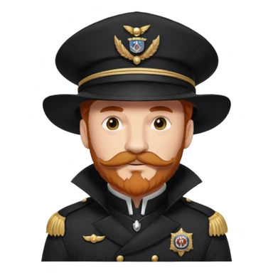 An auburn-hair'ed admiral with a flawless bear and mustache wearing a black admiral outfit and hat with Wolf Ears coming out of the hat, and 9 wolf tails behind him, with the admiral black shirt featuring on the left breast pocket the insignia of Helldivers 2. sticker