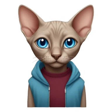 sphinx cat with blue eyes in a burgundy sweatshirt sticker