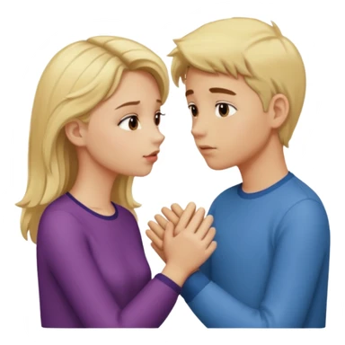 iOS emoji style, girl holding hands with one boy while kissing another boy, one boy blond, the other brunet, subtle suspicious expression sticker