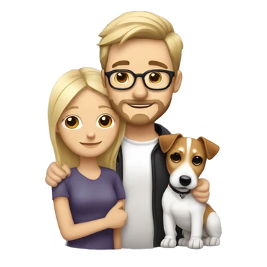 blonde girl and her white men with brown hair, glasses, a little Beard and moustache, both cuddling a jack Russell sticker