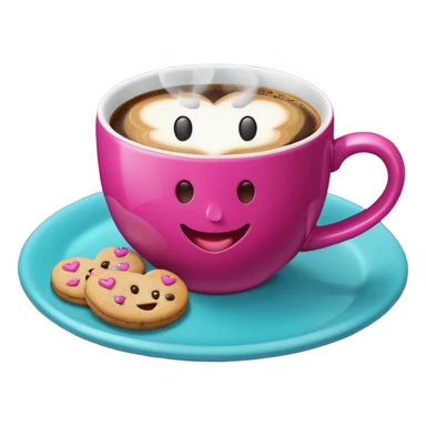 cup of coffee, steaming, the smoke should come out in the shape of a heart, the color of the cup is fuchsia, the cup has a happy face printed on it, the cup rests on a turquoise blue plate, and there are cookies and sugar cubes around the cup. sticker