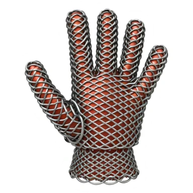 3D render of Butcher’s Glove, made of interlocking chainmail metal rings, wire mesh texture, visible holes and negative space, metallic silver and grey, high contrast shadows, Apple emoji style, isolated on white background --v 6.0. sticker