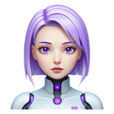 Cyberpunk female android, perfect porcelain skin, glowing artificial eyes, visible faint seams on neck, sleek metallic hair, expressionless, vibrant violet lighting sticker