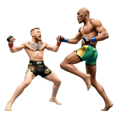 An MMA showdown between Conor McGregor and Anderson Silva in the octagon. McGregor is executing a jumping strike, while Silva skillfully deflects the attack. The background shows the UFC octagon with roaring fans and vibrant energy. Transparent background. sticker