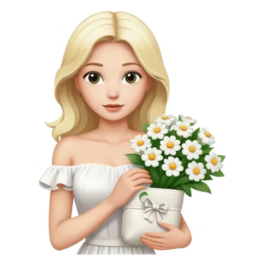blonde woman in a white off-shoulder dress with a bouquet of white flowers in a white bag in her right hand sticker