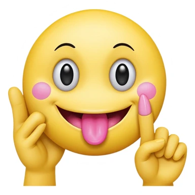 The image is a digital illustration of a yellow smiley face with big, round eyes and a big smile. The face is holding a pink tongue sticking out and making a 67 with its fingers. Above the face, The background is white. Like this but get rid of the text but make the hands do the numbers 67 sticker
