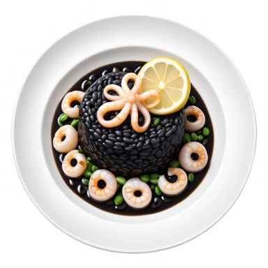 cinematic-realistic-black-risotto-dish,-showcasing-small squid pieces-rendered-with-bold-textures-and-dynamic,-dramatic-lighting in a white plate with a grilled lemon on top sticker