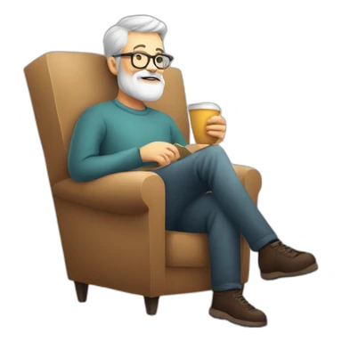 Bearded 56 years old man, glasses, perspective armchair, Reading at home, drinking a coffee, relax sticker