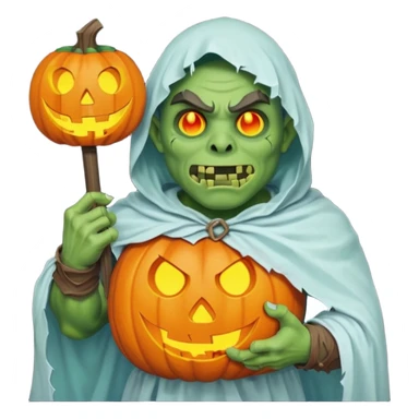 male orc warrior ghost emoji, green skin, wearing torn white ghost sheet costume, holding glowing jack-o'-lantern, faint blue aura, friendly but spooky expression, Halloween fantasy theme, Apple emoji style, clean white background, square sticker