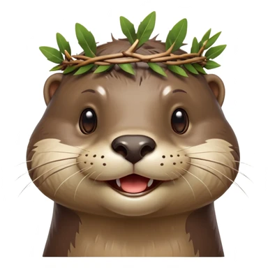 anthropomorphic smiling otter face in three-quarter profile view with simple thorny stem wrapped horizontally around its forehead like Jesus Christ's Crown of thorns, more human-like features, expressive eyes, human-like expressions, Apple emoji style, glossy finish sticker