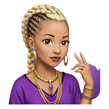 African american 57yr old , dark brown  woman who is 5ft 6in with a blonde and black mohawk of individual braids, with low shaved side haircut,
wearing a purple,  dashiki, with an gold  necklace of Draya inscribed,  wearing big gold bamboo earrings in ears with the name engraved of Draya sticker