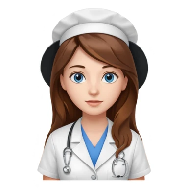 inside a classroom at university, a pretty female nursing student with long brown hair, blue eyes sticker