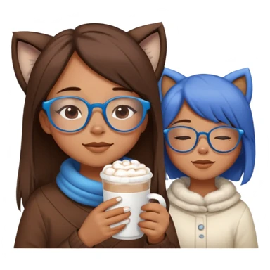 girl with blue glasses and straight brown hair closing her eyes relaxing with a cup of hot chocolate and a furry white malt sticker