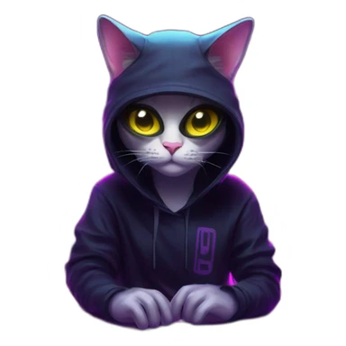 cat wearing a black hoodie with "OMG" letters on it and VR headset in a cyberpunk VR environment with violet neon lighting. sticker