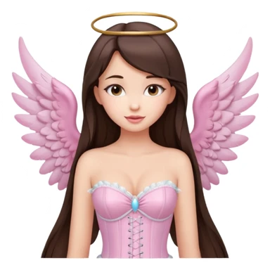 cute brunette girl, full lips, long straight hair, light makeup, pastel pink corset top, angel wings, smirk sticker