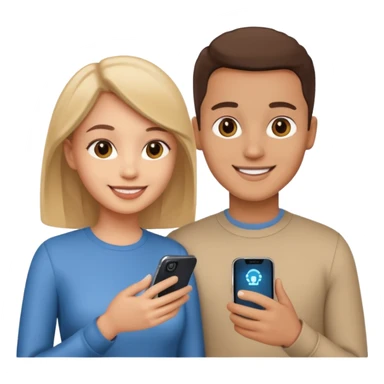 Generate a realistic emoji of a two people using a phone which shows artificial intelligence sticker
