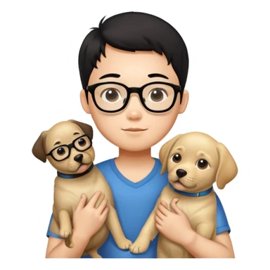 A Chinese black haired boy with black glasses holding a Labrador Retriever sticker