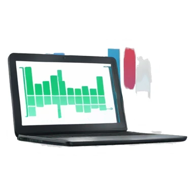 A laptop with a bar chart and an upward trend sticker