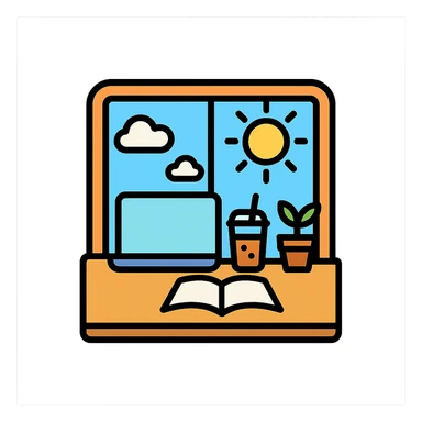 A desk by the window with summer sunshine in the background. On the desk, there is a laptop, a cup of iced coffee, and a small plant. An opened book is also present. sticker