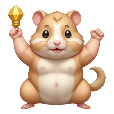 Cute chubby cartoon-style hamster flexing tiny arms like a bodybuilder, sparkles around it, triumphant expression. Painterly shading, white background, sticker-style illustration. sticker