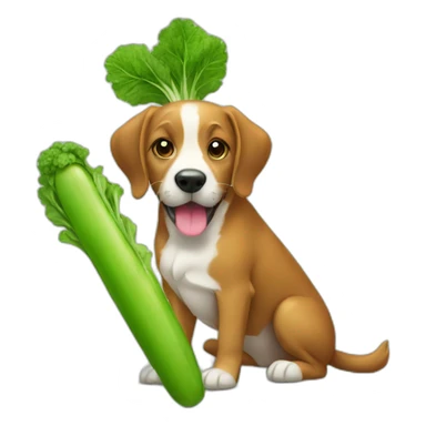 a dog eating a giant green carrot sticker