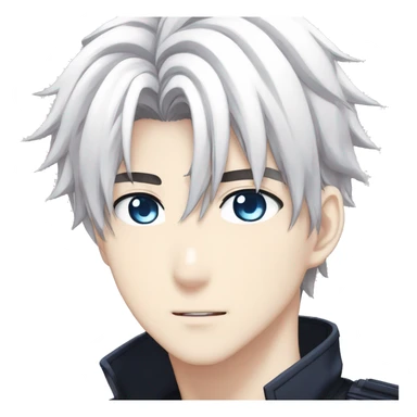 Anime guy, white hair, messy hair, medium length hair, blue eyes, blue glowing eyes, beautiful face, dark uniform, Japanese school uniform, white eyebrows, white eyelashes sticker
