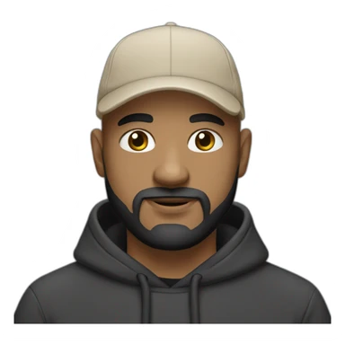 bald man with black (short) beard and no glasses in a black hoodie wearing a light beige cap sticker