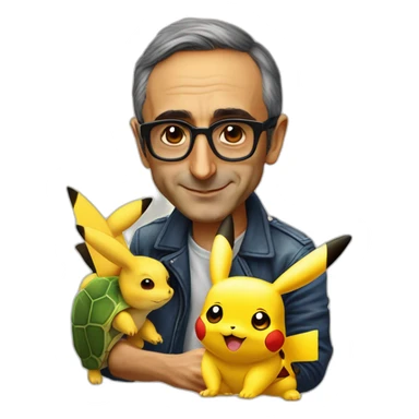 Eric Zemmour avec des lunettes de soleil sur une tortue géante et un Pikachu sticker