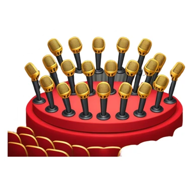 Create a vibrant and dynamic emoji that represents choral vocal performance. The design should feature 10 vintage stage microphones arranged in a semi-circle on a concert stage, symbolizing a vocal group or choir. Add musical notes flowing around the microphones to represent harmony and unity in the performance. Include concert lighting and a celebratory atmosphere to convey the excitement of live music. Use bright, bold colors like red, gold, and silver to emphasize the energy and glamour of the stage. The background should be transparent. sticker