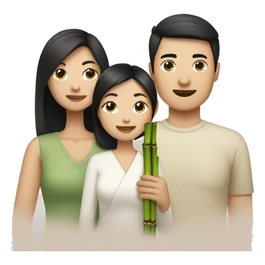 Asian with white skin and black hair: mom,dad,and daughter holding bamboo sticker
