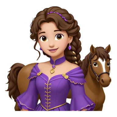 Jeune femme avec de longs cheveux bruns attachés en une haute queue-de-cheval bouclée, portant une robe violette moulante avec des broches dorées sur les bretelles, regard en coin et sourire malicieux, style animation Disney sticker