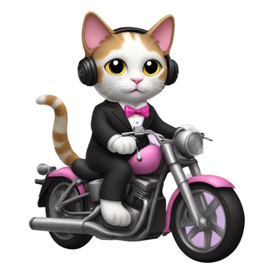 rag doll cat with pink bowtie, and a suit, and riding a motorcycle, while listening to music with headphones sticker