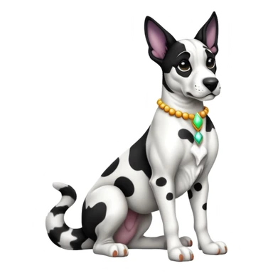 cinematic-[harlequin dane]-realistic-full-body-sitting-emoji,-tail-resting-loosely-beside-its-paws,-head-tilted-dramatically, ears drooped, -sleek-[black and white]-fur,-simplified-yet-realistic-focused-features,-highly-detailed,-glowing-with-an-almost-sarcastic-glow sticker