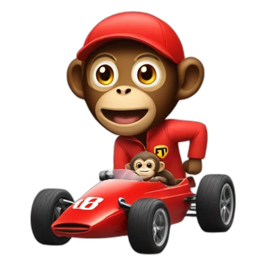 Monkey in a F1 red car with a man running after him sticker