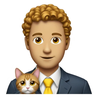 White man with brown curly hair wearing a yellow tie holding a cat sticker