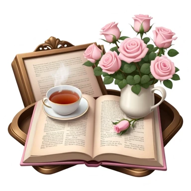 A cozy reading nook with an open book, a steaming cup of tea, and a bouquet of pale pink roses. sticker