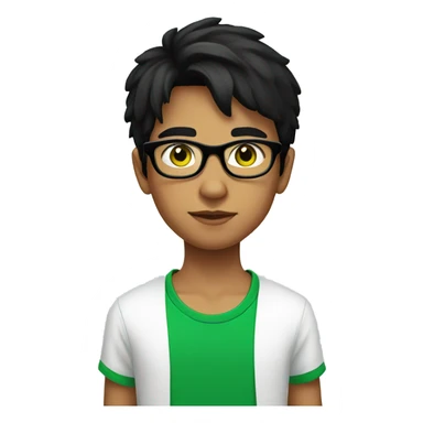 Young boy with black hair green eyes and black glasses wearing a white T-shirt sticker