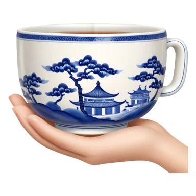 hand holding a traditional Chinese blue and white porcelain tea cup without handle sticker