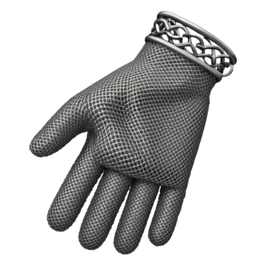 3D render of Butcher’s Glove, made of interlocking chainmail metal rings, wire mesh texture, visible holes and negative space, metallic silver and grey, high contrast shadows, Apple emoji style, isolated on white background --v 6.0. sticker