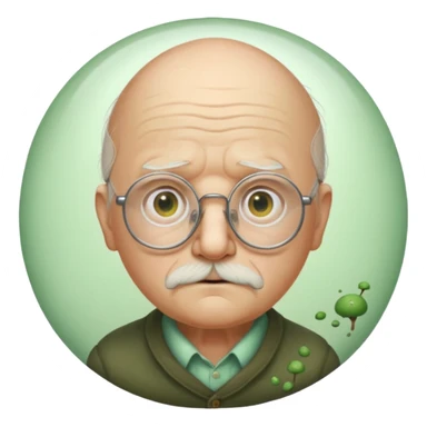 old egg shaped man with balding, glasses, fungus sticker