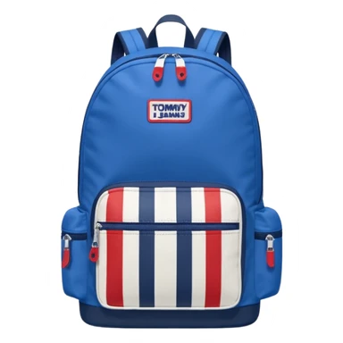 simple blue backpack, at the bottom pocket there is a  logo featuring a Tommy Jeans-inspired logo. The logo looks like a vertical one red, one white. The flag are vertical, not horizontal. Flat

 sticker