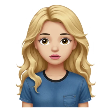 > 14-year-old girl, 161cm, slender, long wavy golden hair, tan skin, full pink lips, long lashes, thick eyebrows, dark blue t-shirt, faded jeans, black sneakers, quiet sadness in her expression, soft moody lighting, ultra-realistic portrait. sticker