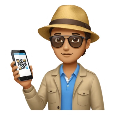 Draw a male tourist who pointed his phone to scan a QR code at a POS terminal for payment. In the style of an Apple emoji sticker