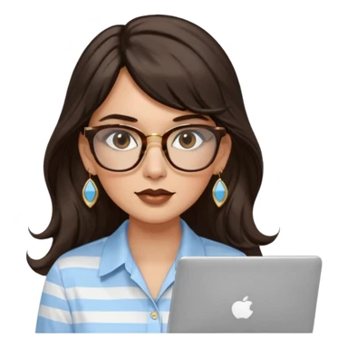 A woman with long wavy dark brown hair and a whispy bang, wearing thick tortoise SQUARE glasses, gold drop earrings. She has long lashes and a nude browny glossy lipstick. She's wearing an oversize light blue shirt with white vertical strips. She's working on a laptop sticker