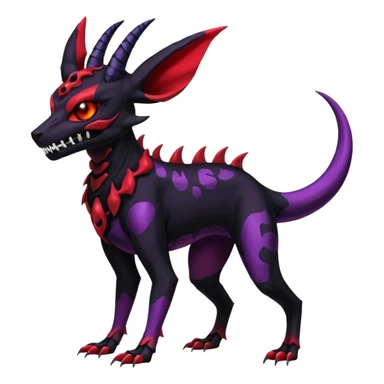 Gothic Black red purple Scaley Exotic Salandit-Umbreon-Noibat-Houndoom-Fakémon-hybrid-creature (full body), 4 legs, skull face mask sticker