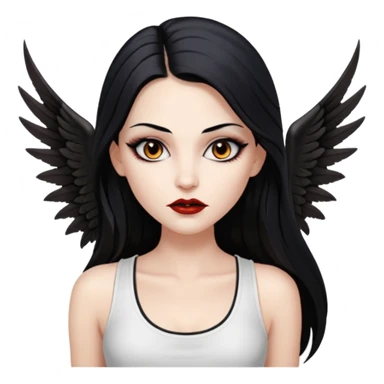 White woman with a white tank top long black hair glossy middle part straight long hair vampire look  brown eyes eyeliner winged with lashes top and bottom white border big lips black eyebrows sticker