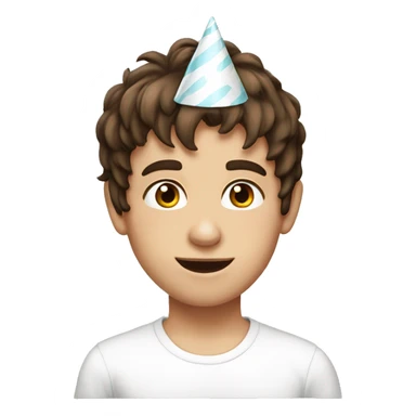 Young Boy, straight brown hair, brown eyes, white skin, birthday party hat sticker