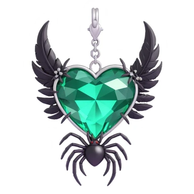 3D emoji gothic heart, emerald green crystal, silver spider charm, feather accents, lush and gothic sticker
